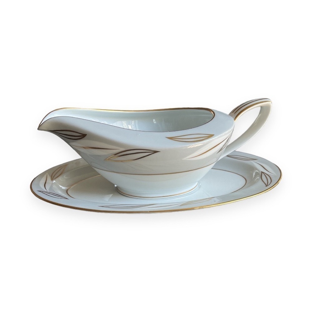 Noritake Wesley Fine China Gravy Boat‎ Underplate Gold Grey White Contemporary